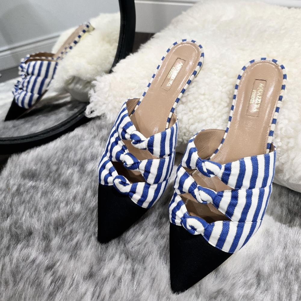 Aquazzura Blue and White Striped Mules